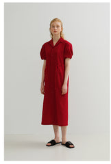 Tailored Button-Down Linen Midi Dress with Puff Sleeves