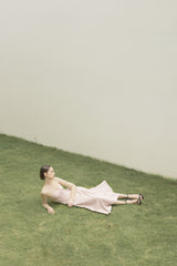 Silk organza midi dress with sheer long sleeves and sculpted sweetheart bodice detail