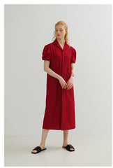 Tailored Button-Down Linen Midi Dress with Puff Sleeves