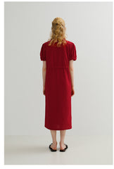 Tailored Button-Down Linen Midi Dress with Puff Sleeves