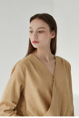 Relaxed Linen Wrap Blouse with Buttoned Cuffs