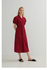 Tailored Button-Down Linen Midi Dress with Puff Sleeves
