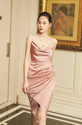 Draped Cowl Neck Silk Midi Dress with Side Pleats and Spaghetti Straps