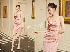 Draped Cowl Neck Silk Midi Dress with Side Pleats and Spaghetti Straps