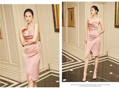 Draped Cowl Neck Silk Midi Dress with Side Pleats and Spaghetti Straps