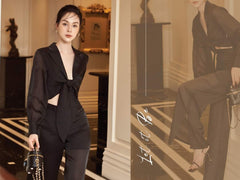 Chemisier en soie à manches longues avec finition transparente et col tailleur