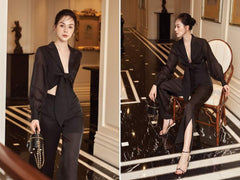 Chemisier en soie à manches longues avec finition transparente et col tailleur