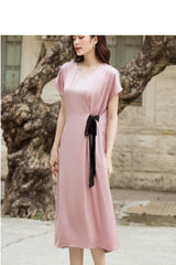 V-neck midi silk dress with short sleeves and contrast tie waist detail for elegant styling