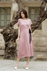 V-neck midi silk dress with short sleeves and contrast tie waist detail for elegant styling