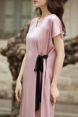 V-neck midi silk dress with short sleeves and contrast tie waist detail for elegant styling