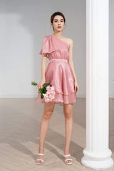 One-Shoulder Layered Mini Dress in Glossy Silk with Flared Hem and Fitted Waist