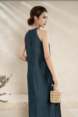 Halter Neck Pleated Midi Dress in Flowing Silk with Elegant A-Line Silhouette
