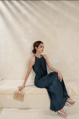 Halter Neck Pleated Midi Dress in Flowing Silk with Elegant A-Line Silhouette