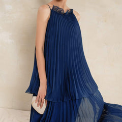 Pleated organza halter maxi dress with sheer layered design and delicate gathered neckline