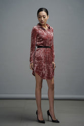 Velvet shirt dress with collared neckline, belted waist, and high-low hem design