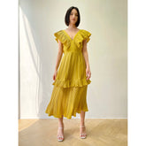 Pleated chiffon organza midi dress with ruffle detail and deep V-neck silhouette