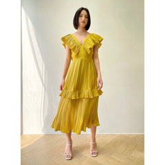 Pleated chiffon organza midi dress with ruffle detail and deep V-neck silhouette