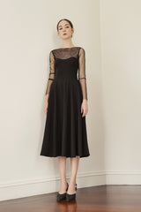 Silk Organza Midi Dress with Sheer Long Sleeves and Elegant Fit-and-Flare Silhouette