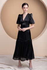 Silk Organza Midi Dress with Puff Sleeves and Flared Hem for Elegant Occasions
