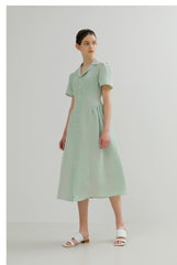 Tailored Button-Front Linen Midi Dress with Notched Collar