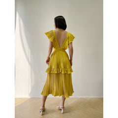 Pleated chiffon organza midi dress with ruffle detail and deep V-neck silhouette