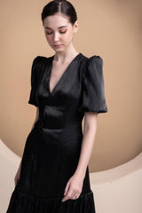 Silk Organza Midi Dress with Puff Sleeves and Flared Hem for Elegant Occasions