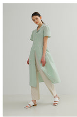 Tailored Button-Front Linen Midi Dress with Notched Collar