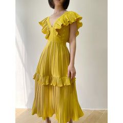 Pleated chiffon organza midi dress with ruffle detail and deep V-neck silhouette