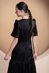 Silk Organza Midi Dress with Puff Sleeves and Flared Hem for Elegant Occasions