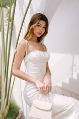 Silk midi dress with ruched bust, corset waist, and adjustable tie shoulder straps