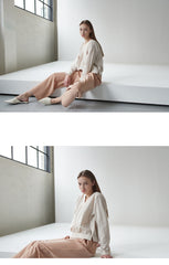 Wrap-Front Linen Blouse with Tailored Sleeves