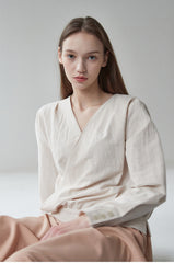 Wrap-Front Linen Blouse with Tailored Sleeves