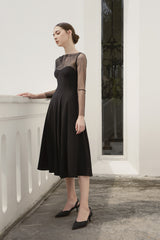Silk Organza Midi Dress with Sheer Long Sleeves and Elegant Fit-and-Flare Silhouette