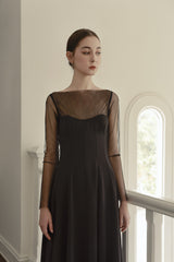 Silk Organza Midi Dress with Sheer Long Sleeves and Elegant Fit-and-Flare Silhouette