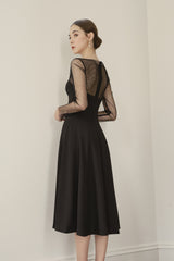 Silk Organza Midi Dress with Sheer Long Sleeves and Elegant Fit-and-Flare Silhouette
