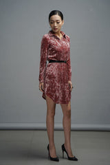 Velvet shirt dress with collared neckline, belted waist, and high-low hem design