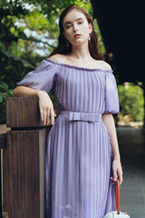 Off-Shoulder Pleated Midi Dress in Lightweight Silk with Puff Sleeves and Waist Detail