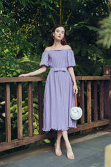 Off-Shoulder Pleated Midi Dress in Lightweight Silk with Puff Sleeves and Waist Detail