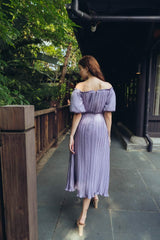 Off-Shoulder Pleated Midi Dress in Lightweight Silk with Puff Sleeves and Waist Detail