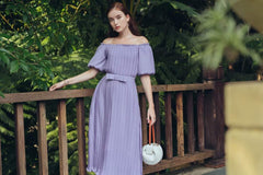 Off-Shoulder Pleated Midi Dress in Lightweight Silk with Puff Sleeves and Waist Detail