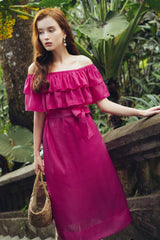 Off-Shoulder Tiered Ruffle Midi Dress in Soft Silk with Waist Tie and Flowy Skirt