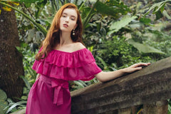 Off-Shoulder Tiered Ruffle Midi Dress in Soft Silk with Waist Tie and Flowy Skirt