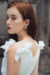 Pleated silk midi dress with ruffle hem and V-neckline for elegant formal occasions