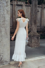 Pleated silk midi dress with ruffle hem and V-neckline for elegant formal occasions