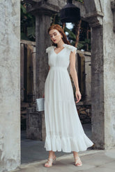 Pleated silk midi dress with ruffle hem and V-neckline for elegant formal occasions