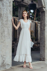 Pleated silk midi dress with ruffle hem and V-neckline for elegant formal occasions