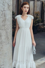 Pleated silk midi dress with ruffle hem and V-neckline for elegant formal occasions