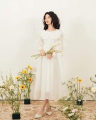 Elegant A-Line Organza Midi Dress with Sculpted Ruffle Collar and Sheer Long Sleeves