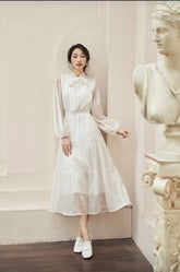 Sheer Organza Long Sleeve Midi Dress with Tiered Skirt and Bow Collar Detail