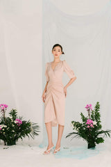 Silk midi wrap dress with V-neckline and ruched waist detail for a flattering silhouette